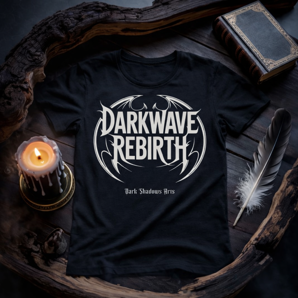 Darkwave Rebirth Gothic Industrial Emblem Shirt von Dark Shadows Arts im düsteren Kerzenlicht Mockup mit Holzrahmen und okkulter Atmosphäre