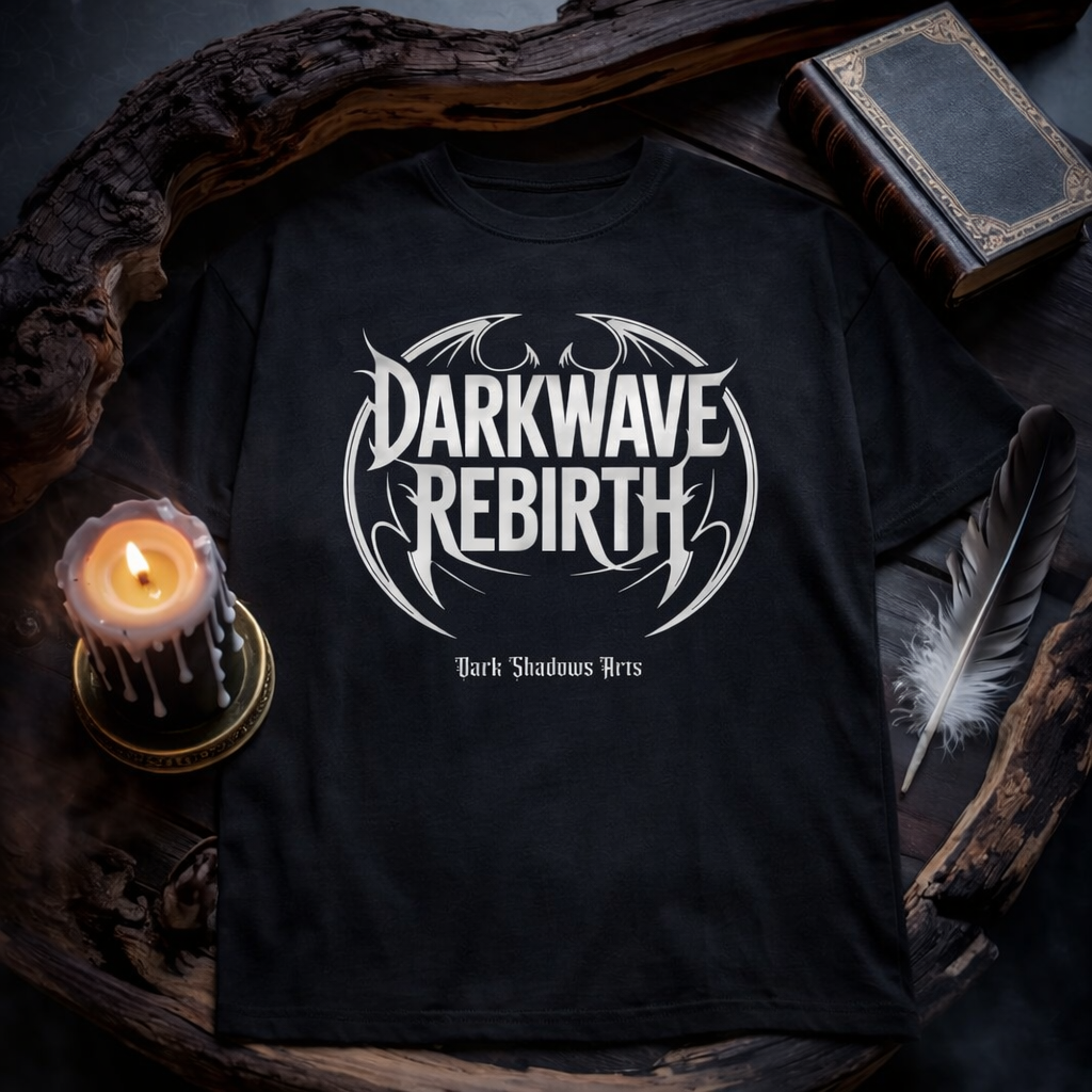 Darkwave Rebirth Oversized Gothic Shirt aus Heavy Cotton von Dark Shadows Arts im düsteren Kerzenlicht Mockup mit Holzrahmen und okkulter Atmosphäre