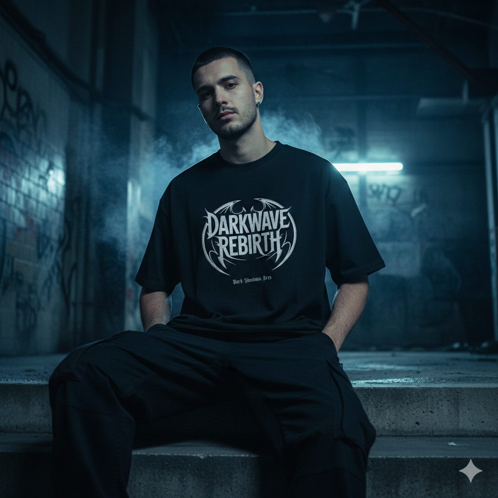 Schwarzes Oversized Gothic Shirt mit grauem Darkwave Rebirth Emblem, schwerer Baumwollstoff, lockerer Schnitt