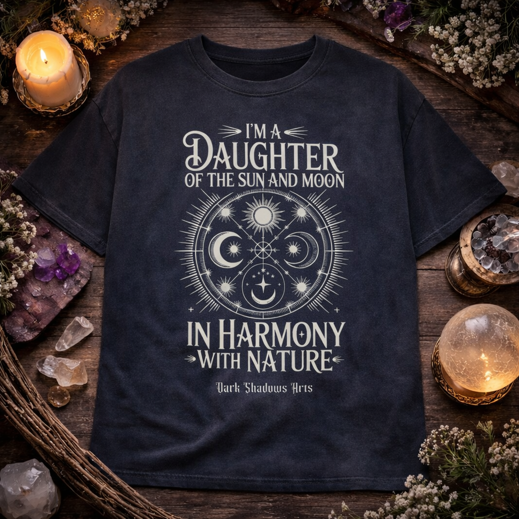 Daughter of the Sun and Moon Heavy Cotton Oversized Shirt von Dark Shadows Arts im mystischen Flatlay Mockup mit Kerzenlicht, Kristallen und spirituellem Sonnen- und Mondmandala in Weiß auf navyblauem Shirt