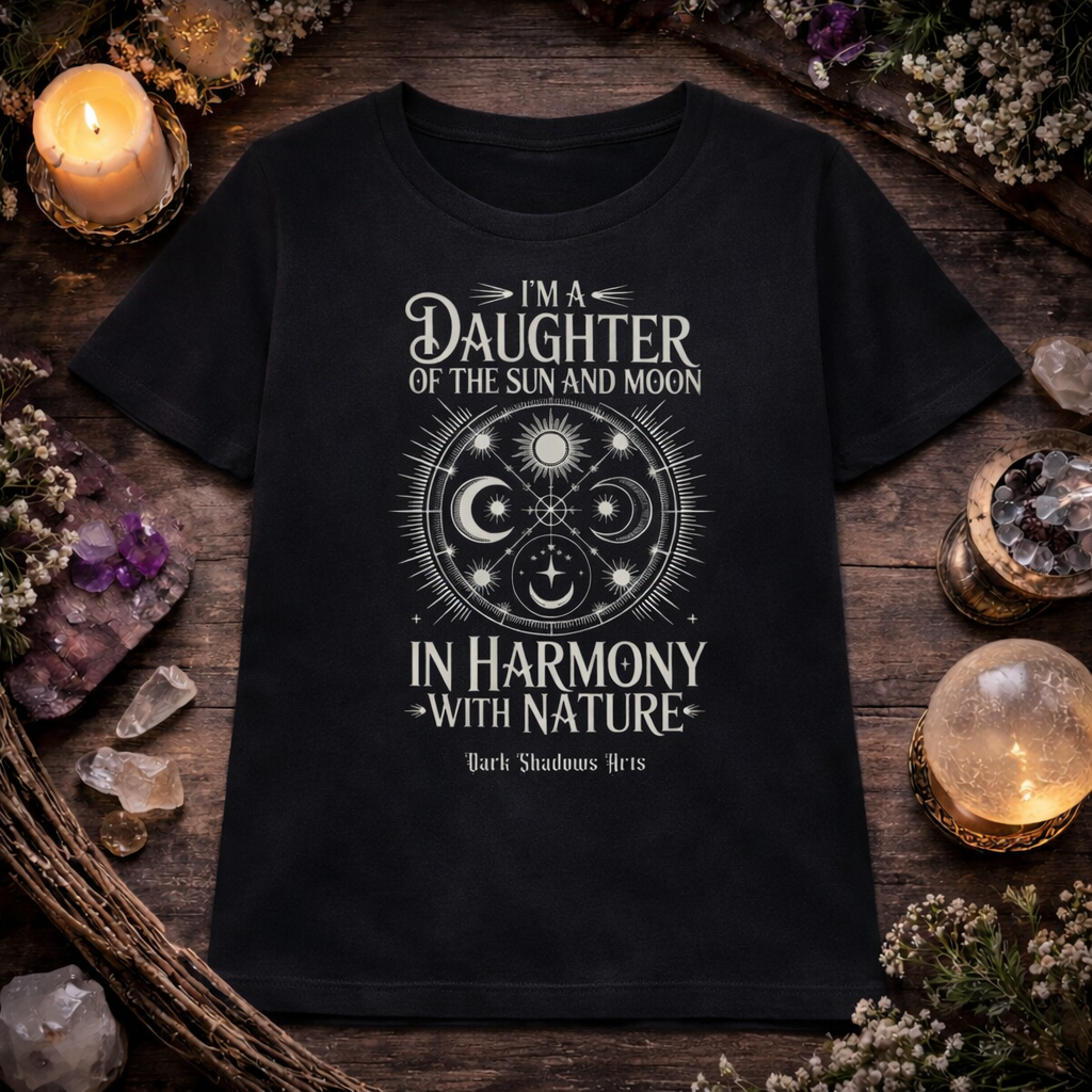 Daughter of the Sun and Moon Premium Organic Shirt Women von Dark Shadows Arts im mystischen Flatlay Mockup mit Kerzenlicht, Kristallen und spirituellem Sonnen- und Mondmandala in Weiß auf schwarzem Shirt