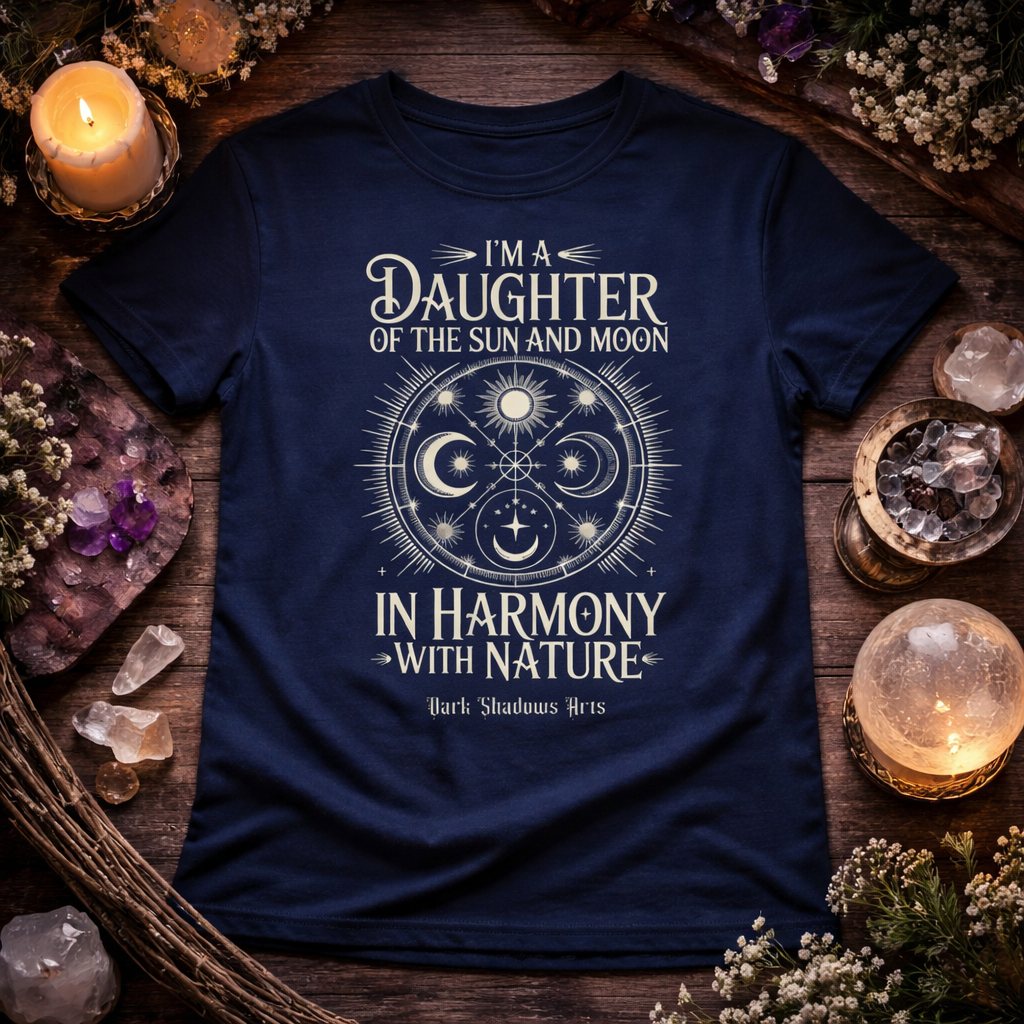 Daughter of the Sun and Moon Premium T-Shirt von Dark Shadows Arts im mystischen Flatlay Mockup mit Kerzenlicht, Kristallen und spirituellem Mandala Motiv in Weiß auf navyblauem Shirt