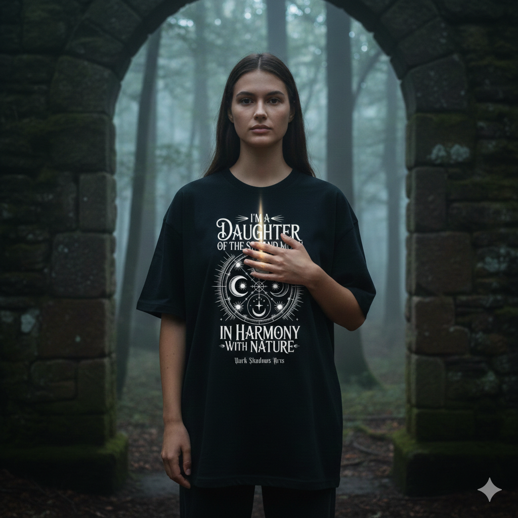 Frontansicht eines schwarzen 240 GSM Oversized Shirts mit dem weißen „Daughter of the Sun and Moon“ Mandala-Print