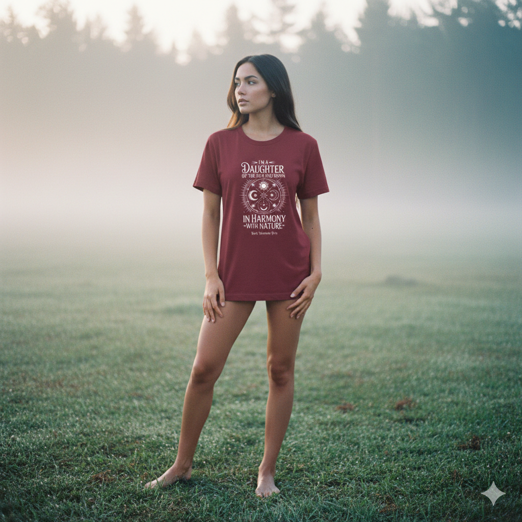 Frontansicht eines schwarzen Damen-Shirts aus Bio-Baumwolle mit dem weißen „Daughter of the Sun and Moon“ Mandala-Druck.