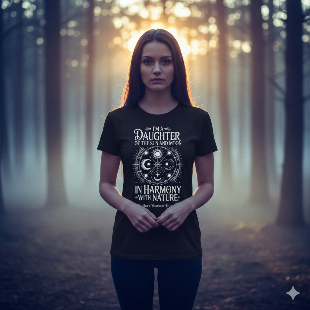 Frontansicht eines schwarzen T-Shirts mit dem weißen runden Emblem „Daughter of the Sun and Moon“ und astralen Symbolen