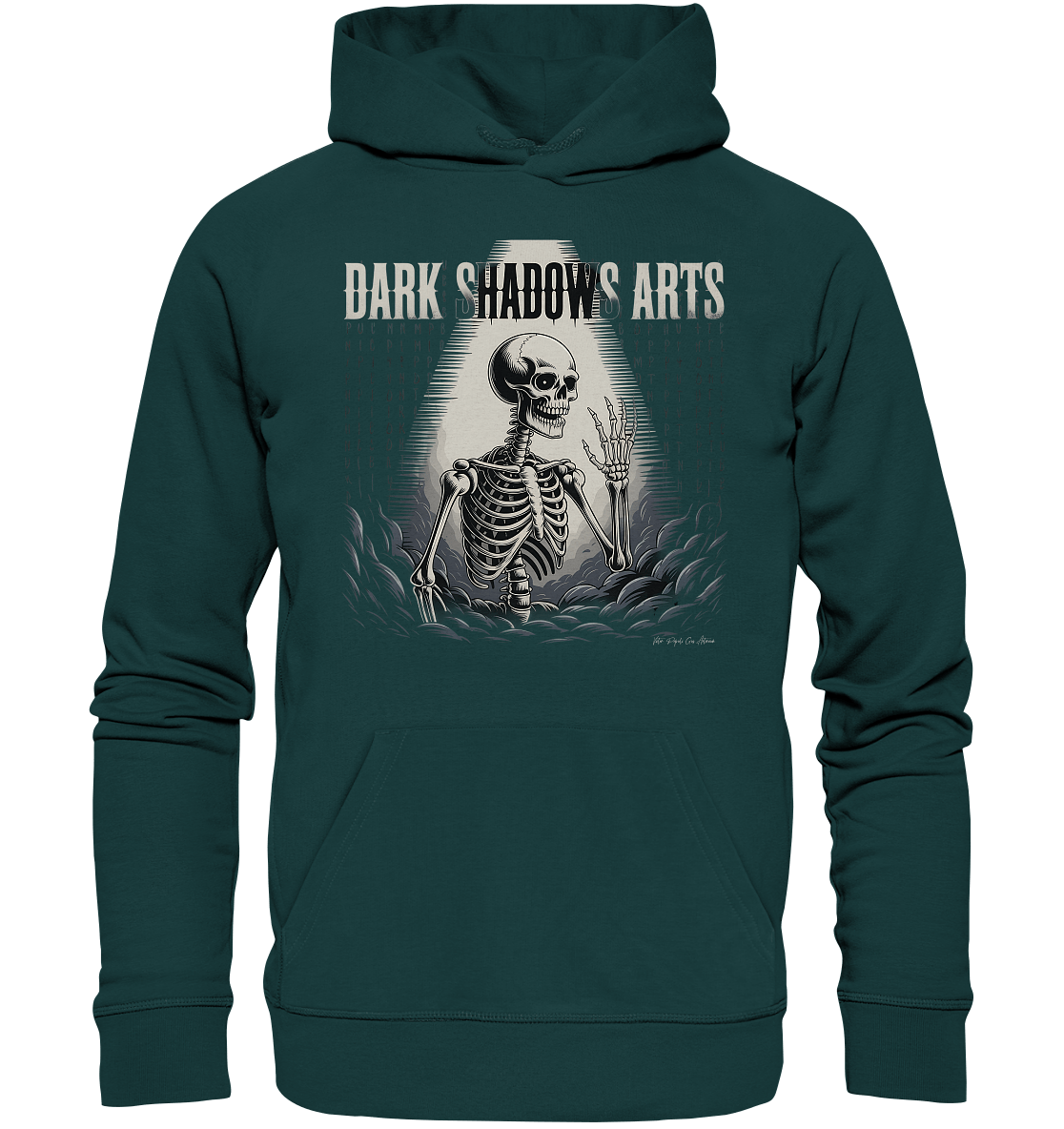 Defiant Bones – Erhobenes Skelett in mystischem Nebel - DSA - Organic Hoodie | Hoodies | Dark Shadows Arts