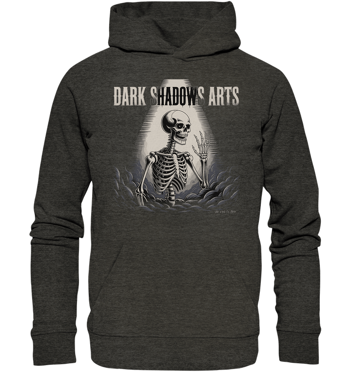 Defiant Bones – Erhobenes Skelett in mystischem Nebel - DSA - Organic Hoodie | Hoodies | Dark Shadows Arts
