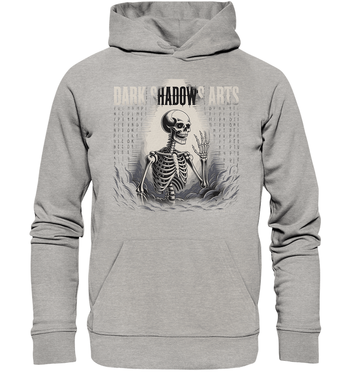 Defiant Bones – Erhobenes Skelett in mystischem Nebel - DSA - Organic Hoodie | Hoodies | Dark Shadows Arts