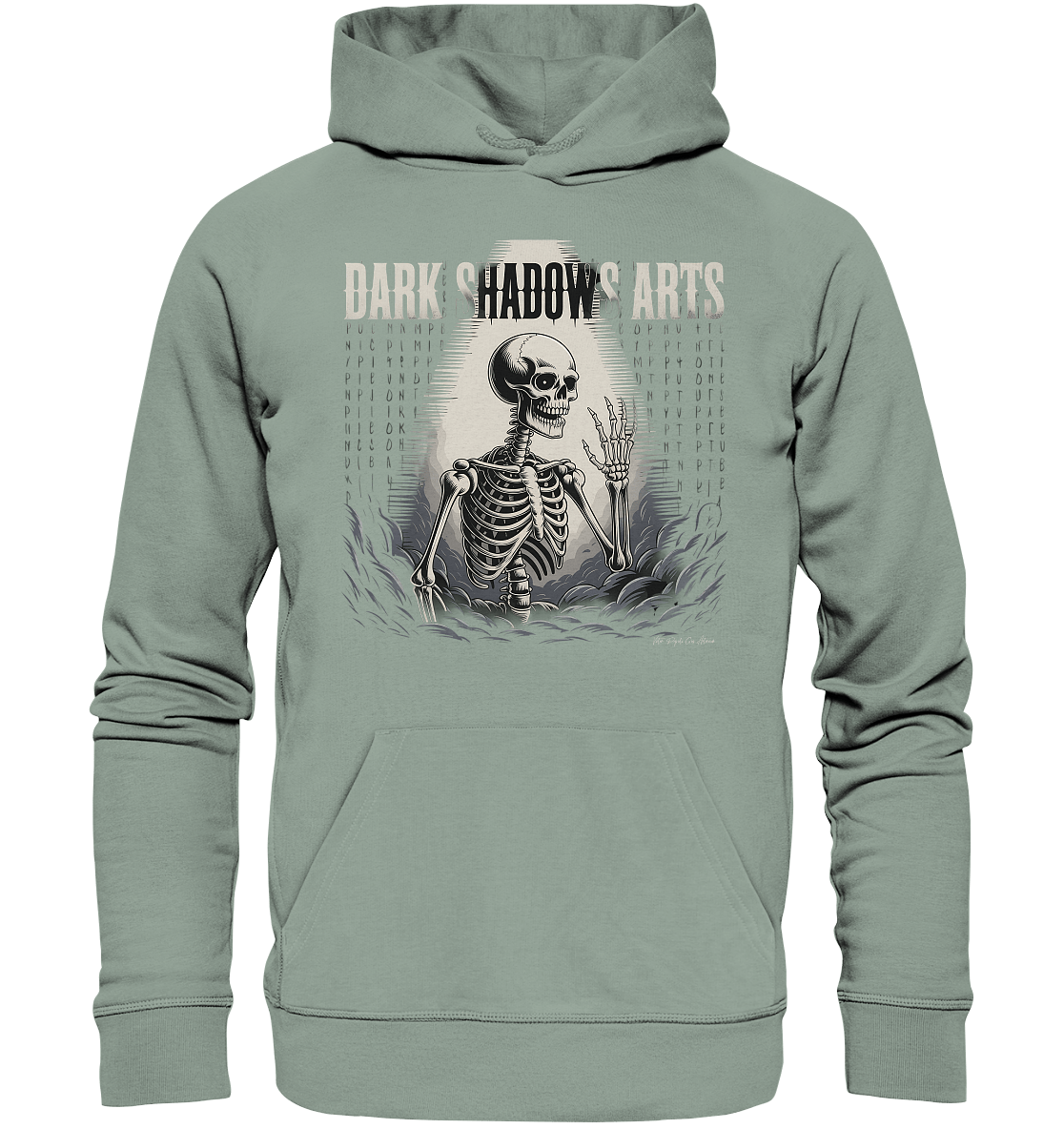 Defiant Bones – Erhobenes Skelett in mystischem Nebel - DSA - Organic Hoodie | Hoodies | Dark Shadows Arts