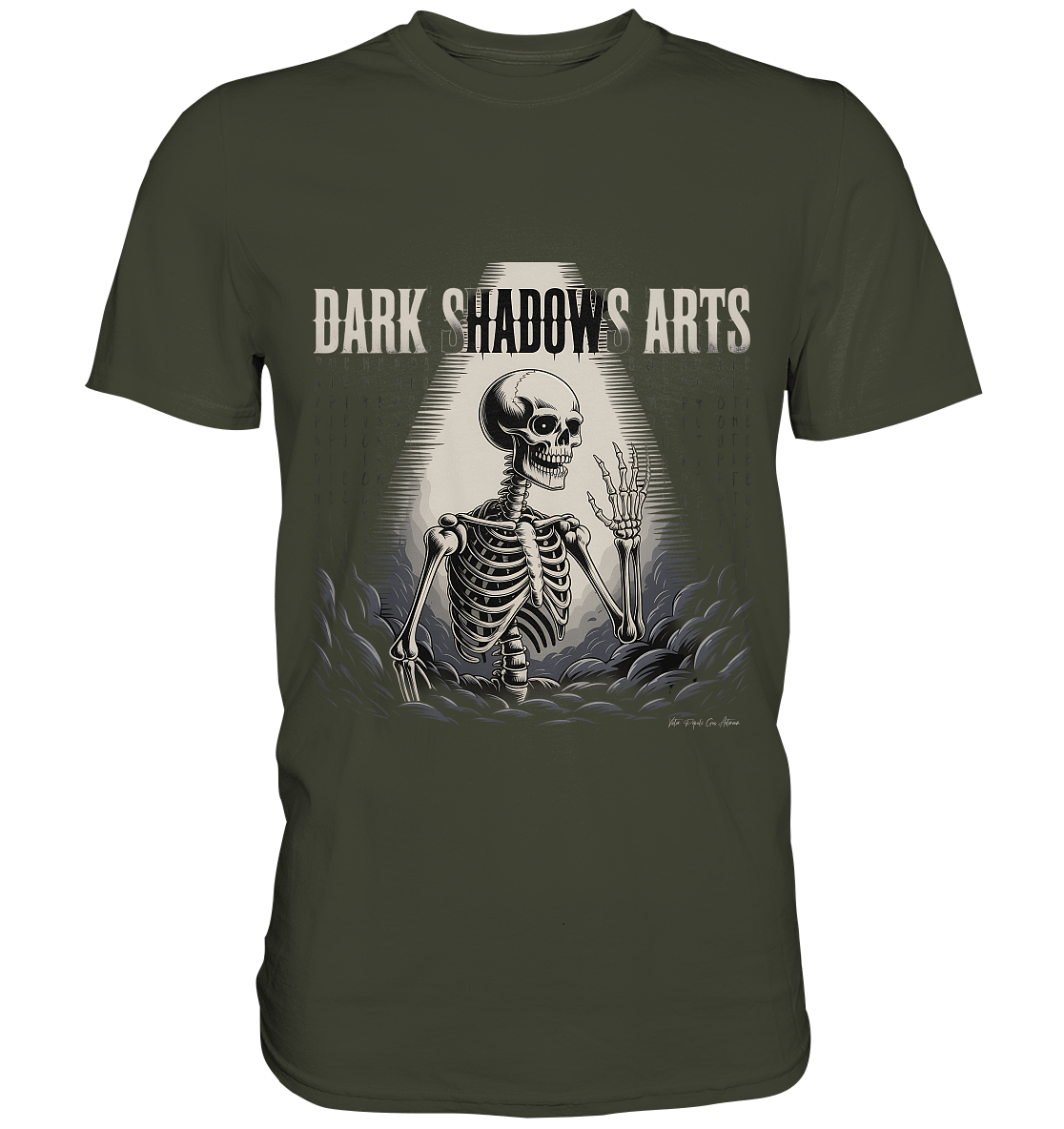 Defiant Bones – Erhobenes Skelett in mystischem Nebel - DSA - Premium Shirt | Unisex - Shirts | Dark Shadows Arts