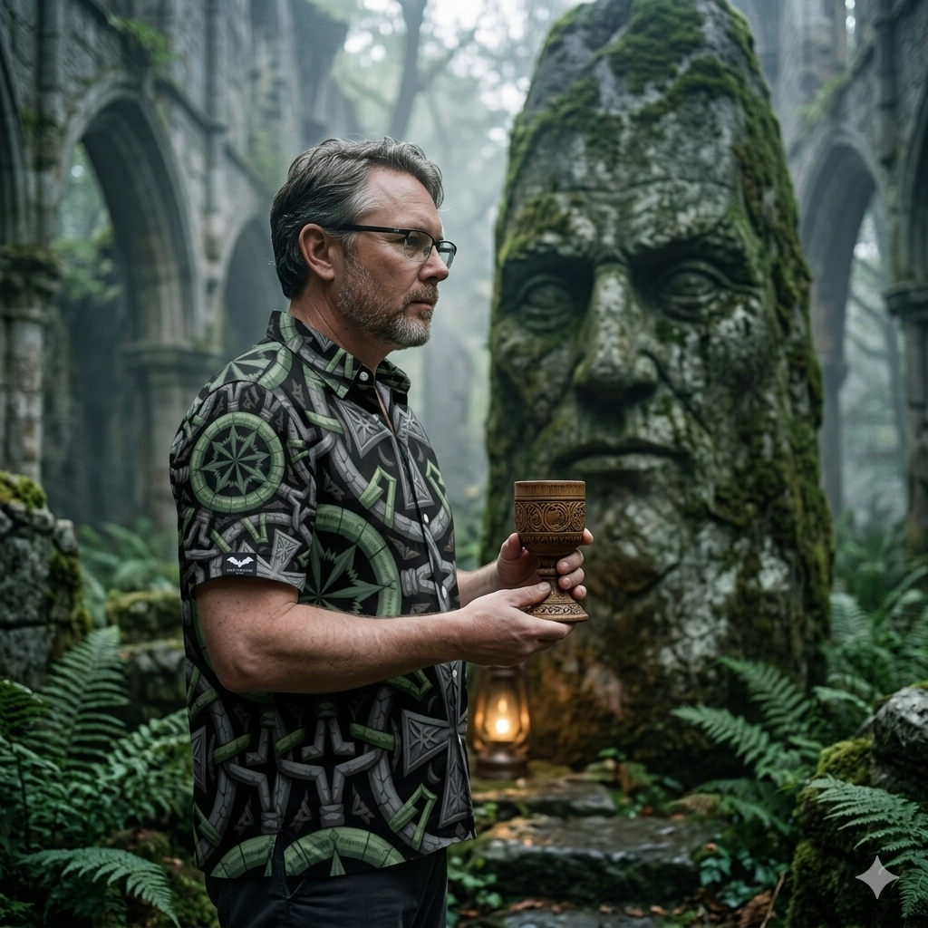 Handgenähtes Hawaii-Hemd mit keltischen Kreuzen und Pentagrammen in grauer Stein-Optik, Frontansicht