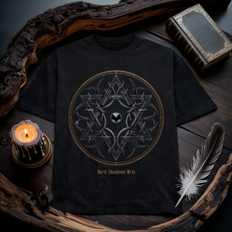 Dark Shadows Arts Premium Oversized Shirt mit Arcane Thorn Sigil – dunkles symmetrisches Gothic-Symbol im rituellen Flatlay-Mockup