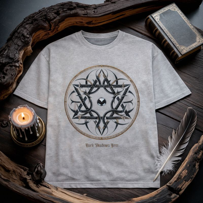 Dark Shadows Arts Premium Oversized Shirt in Light Gray mit Arcane Thorn Sigil Design, mystisches Symmetrie-Symbol auf Gothic T-Shirt, Dark Aesthetic Flatlay Mockup