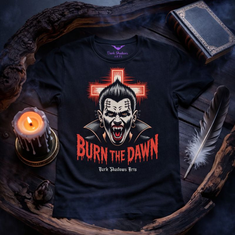 Schwarzes Premium T-Shirt von Dark Shadows Arts mit Gothic Vampir Design „Burn the Dawn“, rotes Kreuz und blutiger Schrift, getragen im düsteren Dark-Romance Mockup.

