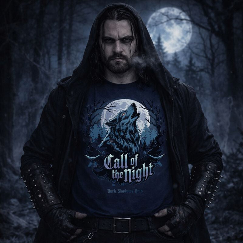 Dark Shadows Arts Premium Classix T-Shirt „Call of the Night“ – Heulender Wolf vor Vollmond im dunklen Wald, Wächter & Legenden Gothic Design, getragen von Model