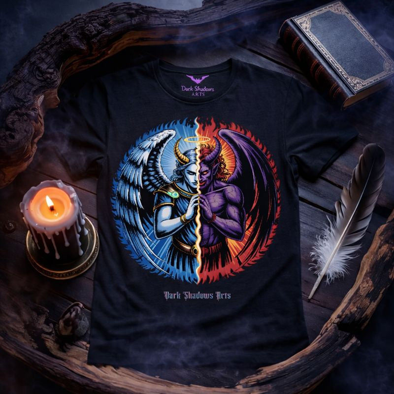 Dark Shadows Arts Premium Classix T-Shirt „Between Heaven and Hell“ – geteiltes Engel-und-Dämon-Motiv mit Flügeln und Hörnern, Dark Romantic Goth Design auf schwarzem Shirt