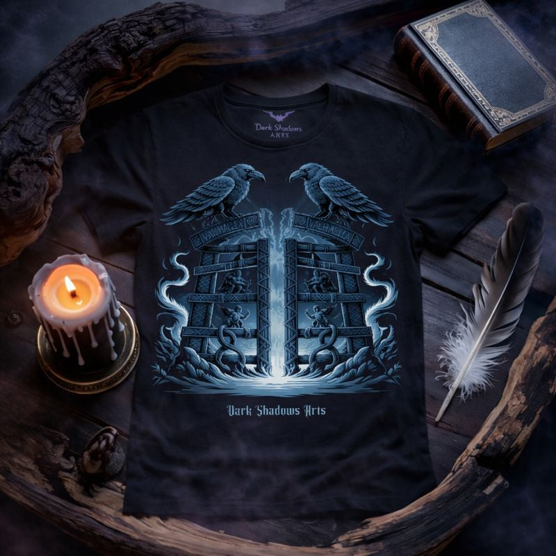 Dark Shadows Arts Premium Classix T-Shirt „Gates of Valhalla“ mit nordischem Tor, Raben und Runenmotiv aus der Kategorie Wächter & Legenden, flaches Mockup mit Innenprint-Branding