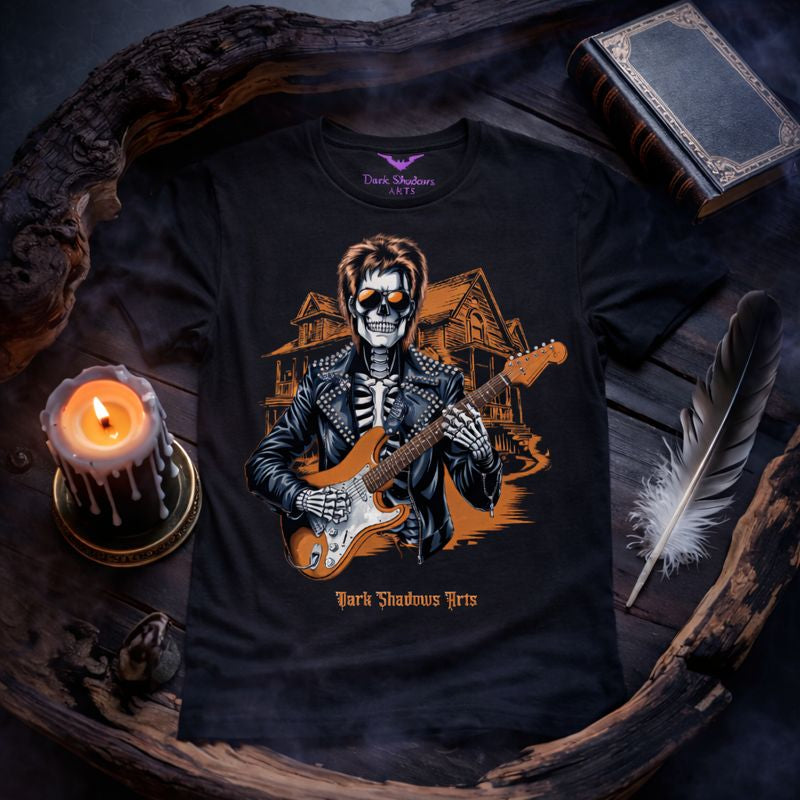 Dark Shadows Arts Premium Classix T-Shirt „Neon Bones Rocker“ mit skelettiertem Rockgitarristen im Neon-Goth-Stil, schwarzes Shirt mit Rock-Illustration und düsterem Vintage-Mockup