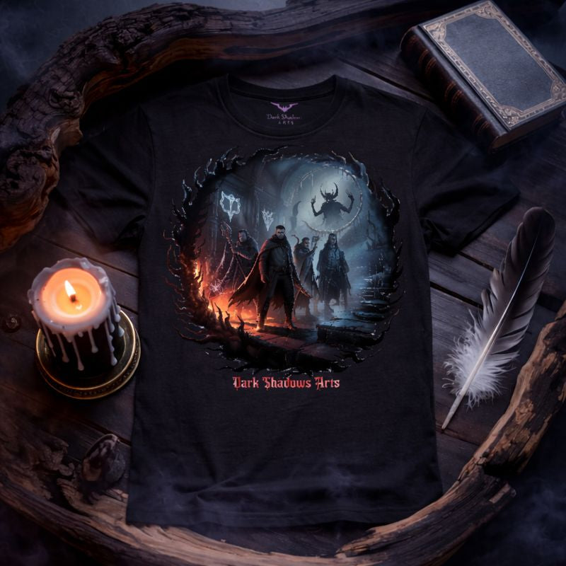 Dark Shadows Arts Premium T-Shirt „The Black Covenant“ – düsteres Wächter-&-Legenden-Motiv in mystischem Ritualkreis, schwarzes Gothic Shirt im hochwertigen Flatlay-Mockup mit DSA Nackendruck