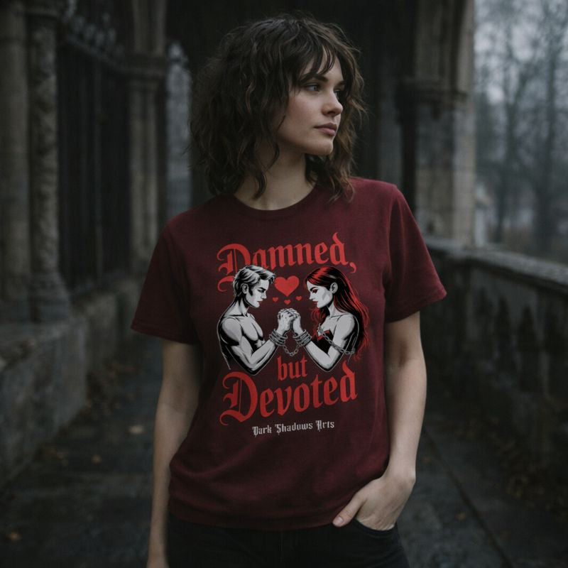 Gothic Frau trägt „Damned but Devoted“ Premium Organic Shirt in Bordeaux von Dark Shadows Arts, Dark-Romantic Liebesmotiv mit verbundenem Paar in mystischer Ruinenkulisse