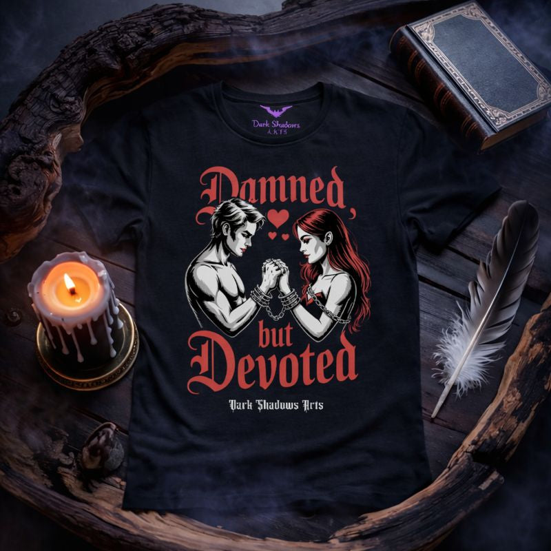 Schwarzes Premium T-Shirt von Dark Shadows Arts mit Gothic-Design „Damned but Devoted“, romantisches Dark-Romance Motiv mit verbundenem Paar, rote Typografie, Gothic Love Statement