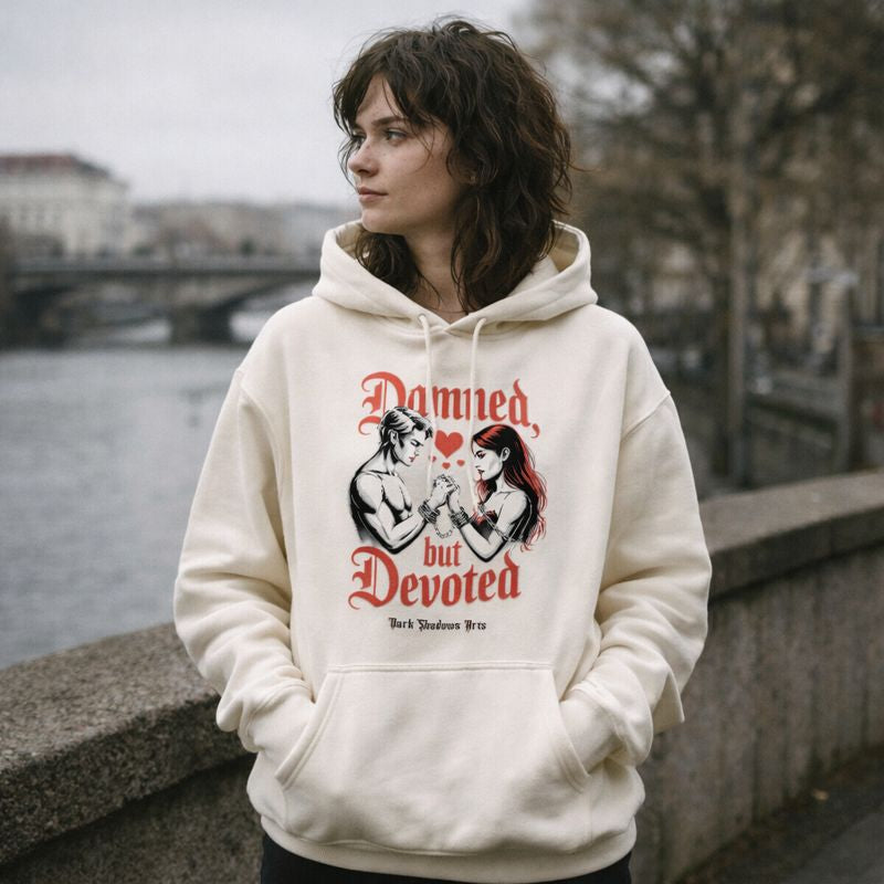 Dark Shadows Arts Oversized Hoodie in hellem Farbton mit Motiv „Damned but Devoted“ – Gothic Liebespaar mit Ketten und Herzen, Dark Romance Design in Rot und Schwarz auf cremefarbenem Hoodie