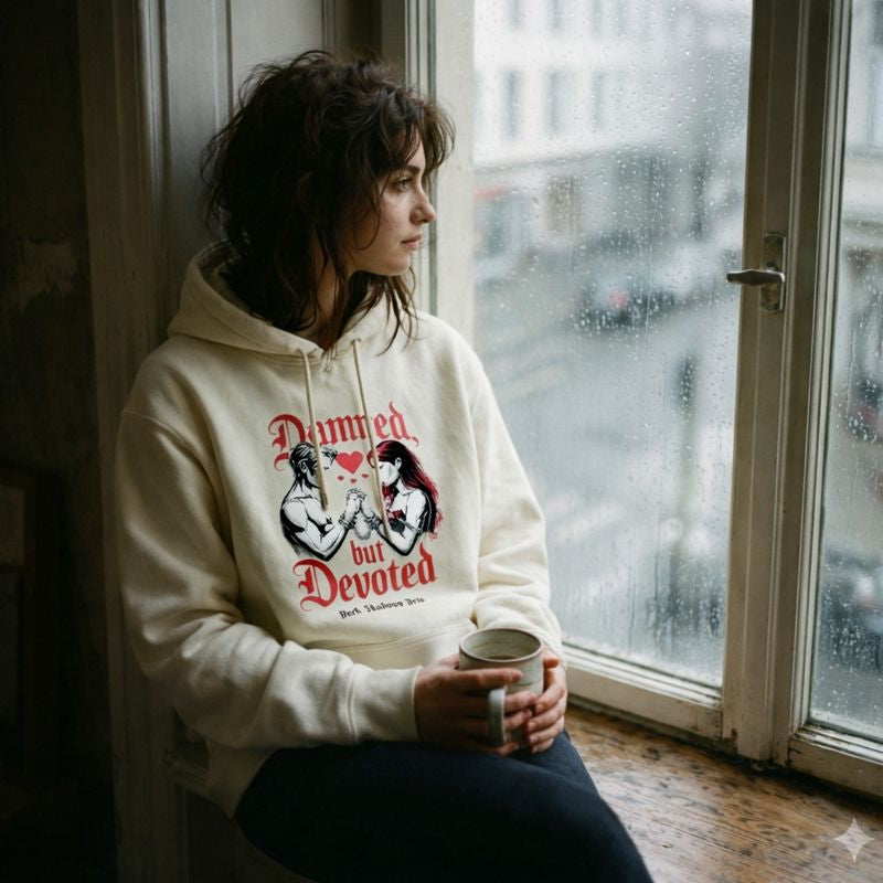 Dark Shadows Arts Premium Hoodie in hellem Farbton mit Motiv „Damned but Devoted“ – Frau mit Model sitzt am Fenster bei Regen, Dark-Romance Liebespaar-Design in Rot und Schwarz, melancholisches Indoor-Lifestyle-Setting.