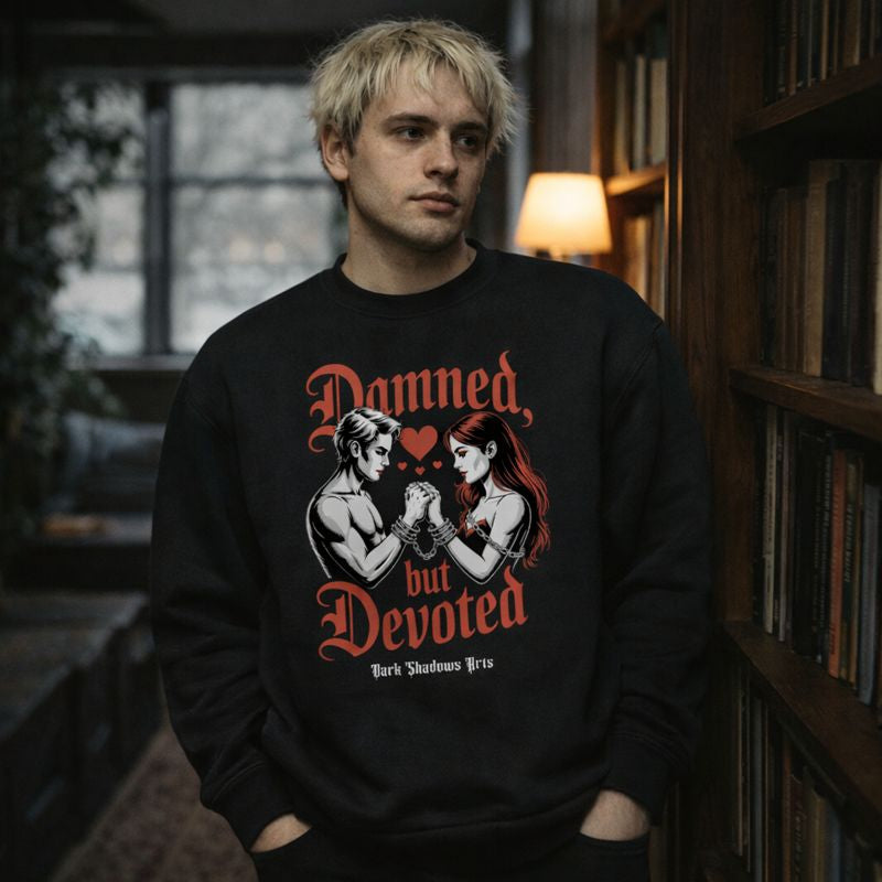 Dark Shadows Arts Premium Organic Sweatshirt in Schwarz mit Motiv „Damned but Devoted“ – Gothic Liebespaar mit Ketten und Herzen, Dark-Romance Design in Rot und Weiß auf nachhaltigem Sweatshirt.