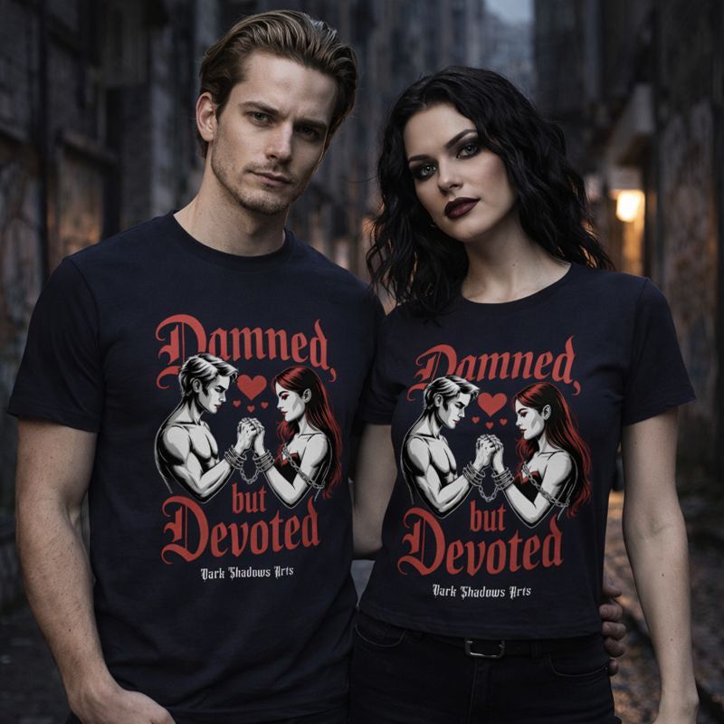 Premium T-Shirt von Dark Shadows Arts mit Motiv „Damned but Devoted“ – Gothic Liebespaar mit gefesselten Händen und Herzen, Dark Romance Design in Rot und Weiß auf schwarzem Shirt.