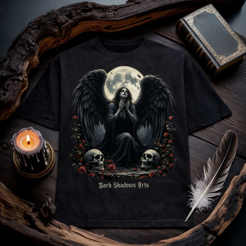 Dark Romantic Premium T-Shirt mit Engel der Nachtklage Motiv – dunkler Engel mit schwarzen Flügeln, Vollmond, Rosen und Totenschädeln, Gothic Kunst von Dark Shadows Arts
