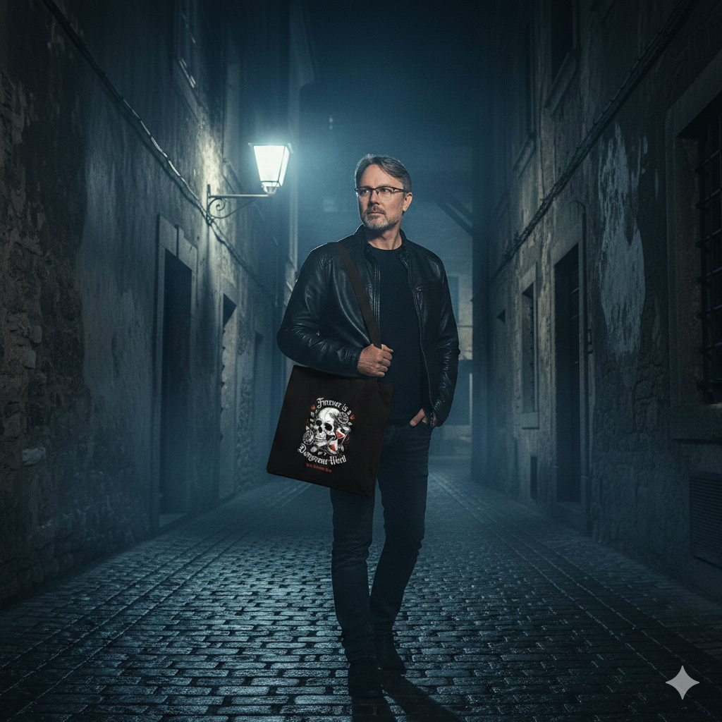 Mann in Lederjacke trägt schwarzen Jutebeutel mit Totenkopf-Print in einer nebligen, nächtlichen Kopfsteinpflastergasse