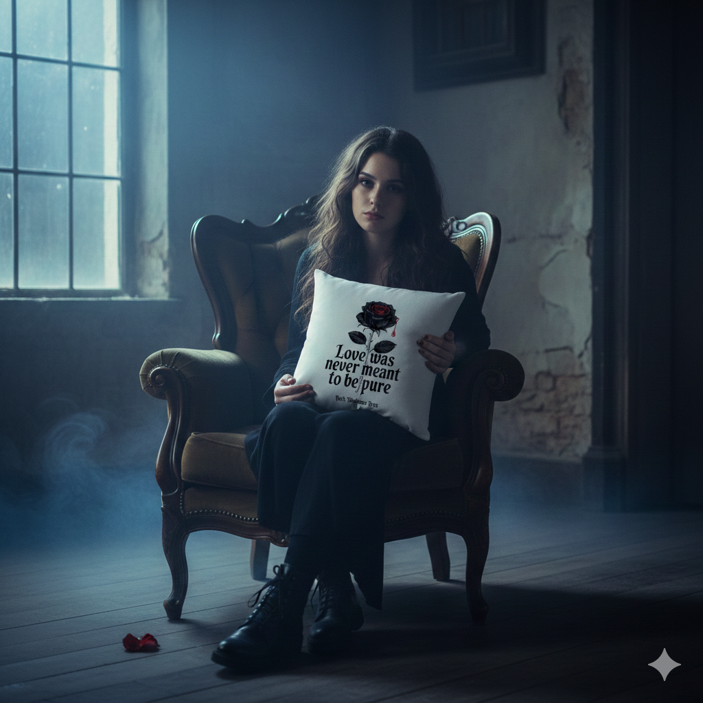 Melancholische Frau hält ein weißes Kissen mit schwarzer Rose und Gothic-Schriftzug in einem alten Sesse