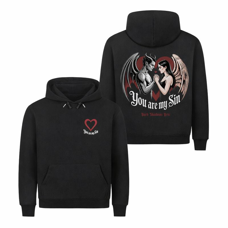 Dark Shadows Arts Premium Hoodie in Schwarz mit Rückenprint „You Are My Sin“ – Engel und Dämon Motiv auf dem Rücken, Gothic