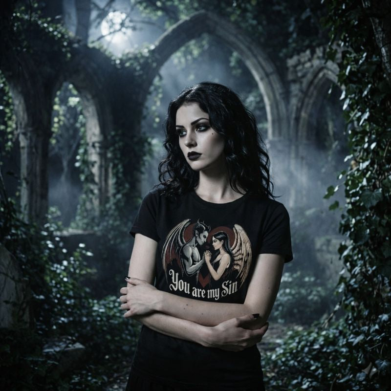Dark Shadows Arts Premium Organic Damen T-Shirt in Schwarz mit Frontprint „You Are My Sin“ – Gothic Frau mit Model in mystischen Ruinen bei Mondlicht, Engel-und-Dämon-Motiv im Dark Romantic Stil.