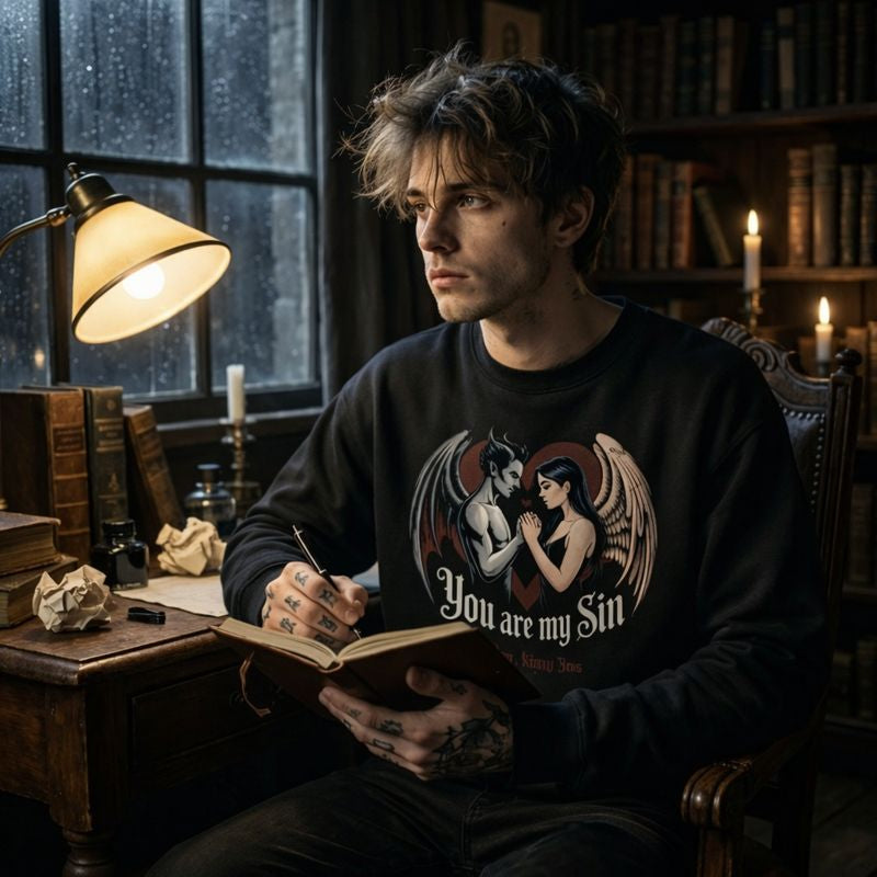 Dark Shadows Arts Premium Organic Sweatshirt in Schwarz mit Frontprint „You Are My Sin“ – Gothic Mann mit Model in atmosphärischer Bibliothek bei Kerzenlicht, Dark Romantic Engel-und-Dämon-Design