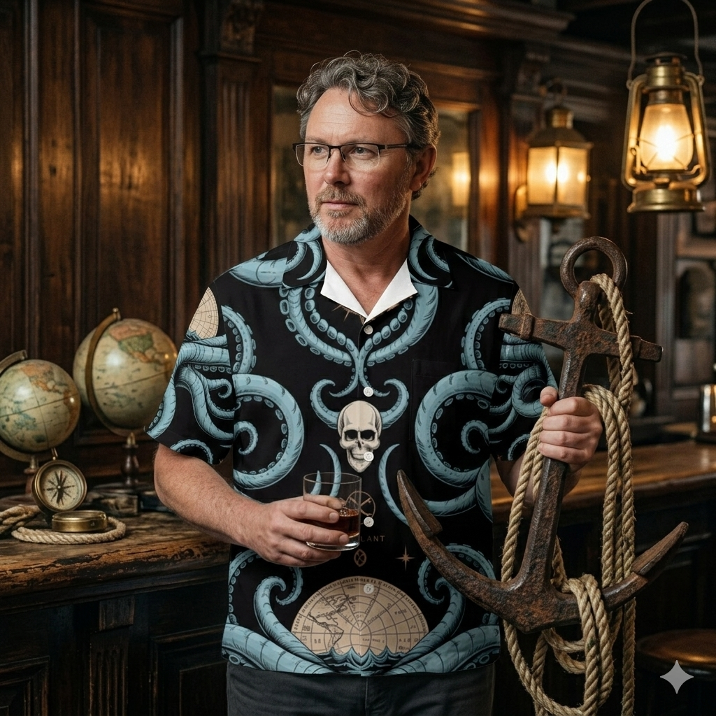 Handgenähtes dunkles Nautik-Hawaii-Hemd mit blauen Tentakeln, Totenköpfen und Globen, Frontansicht.