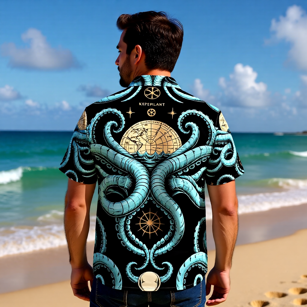 Rückansicht des Deep Sea Occult Hemds zeigt das symmetrische Tentakel- und Totenkopf-Muster am Strand
