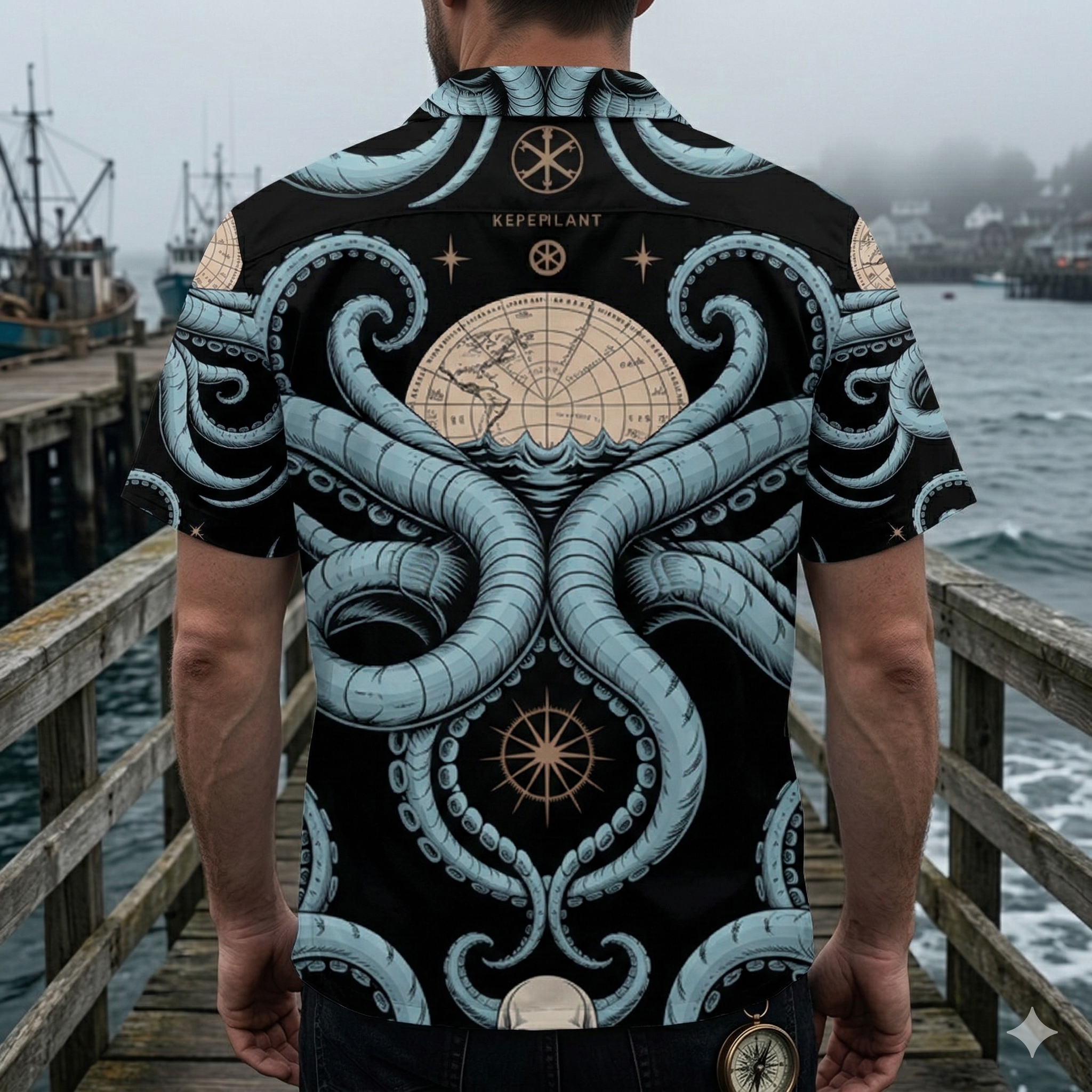 Rückansicht des Deep Sea Occult Hemds zeigt das symmetrische Tentakel- und Totenkopf-Muster