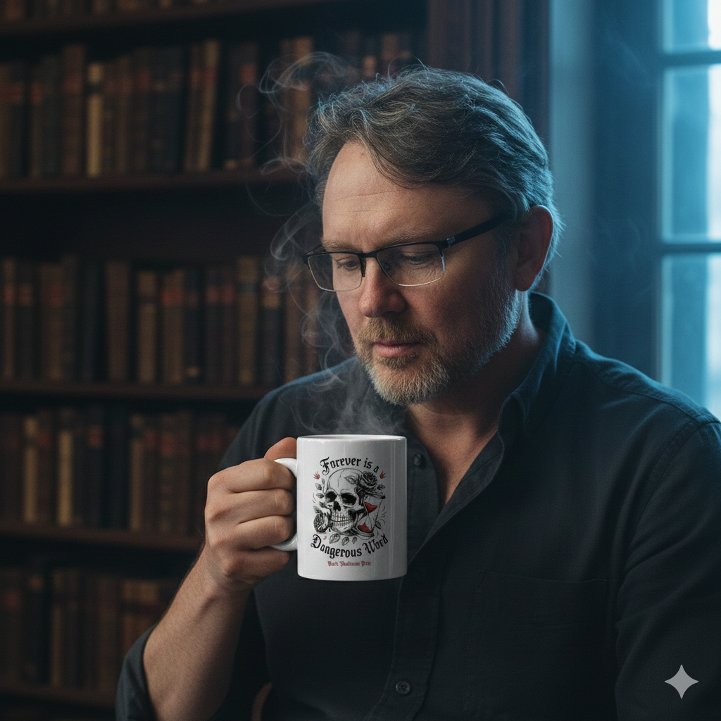 Ein nachdenklicher Mann mit Brille hält eine weiße Tasse mit Totenkopf-Design in einer dunklen, nebligen Bibliothek