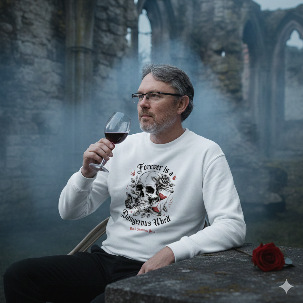 Dark Shadows Arts Premium Sweatshirt „Forever is a Dangerous Word“ mit Totenkopf-Motiv und Sanduhr, Gothic Dark Romance Design, Model mit Weinglas vor Klosterruine