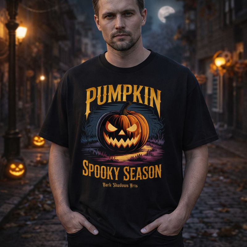 Oversized Gothic Halloween T-Shirt mit grinsendem Kürbis-Motiv und „Pumpkin Spooky Season“ Design von Dark Shadows Arts