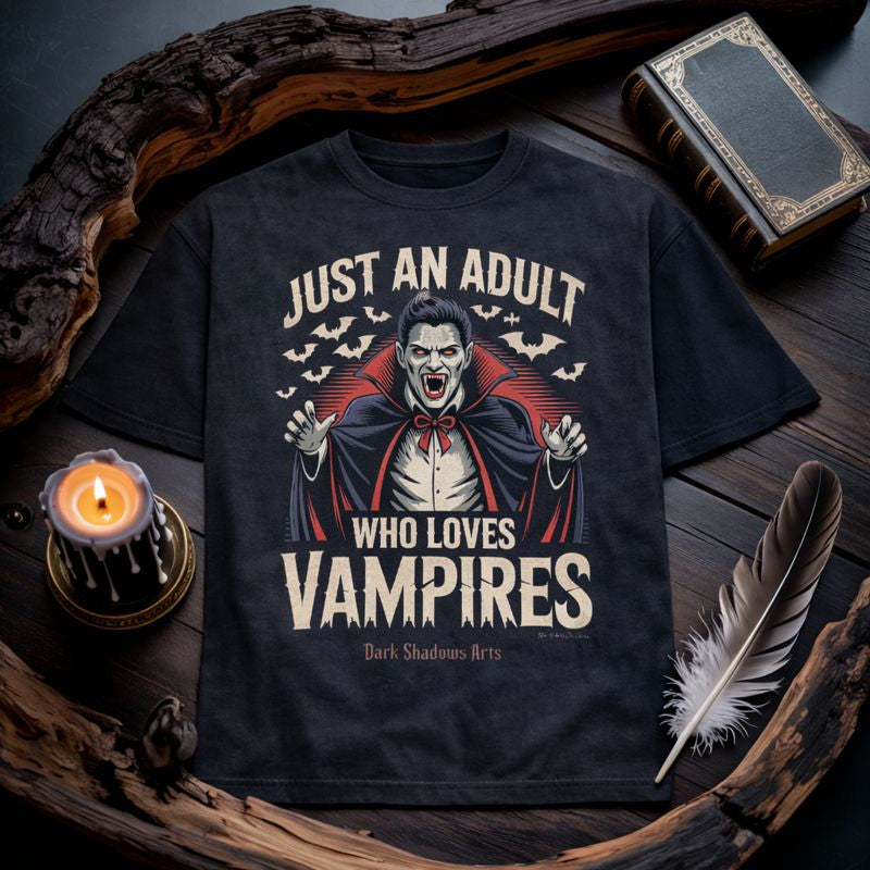 Dark Shadows Arts Premium Oversized Shirt „Just an Adult Who Loves Vampires“ im Dark-Romantic Flatlay-Mockup mit Kerze, Feder und Buch
