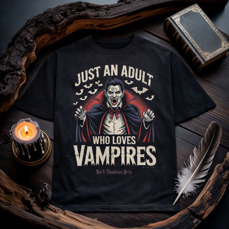 Dark Shadows Arts Premium Oversized T-Shirt „Just an Adult Who Loves Vampires“ mit Vampir-Illustration im Gothic-Stil, dunkles Shirt im atmosphärischen Flatlay-Mockup