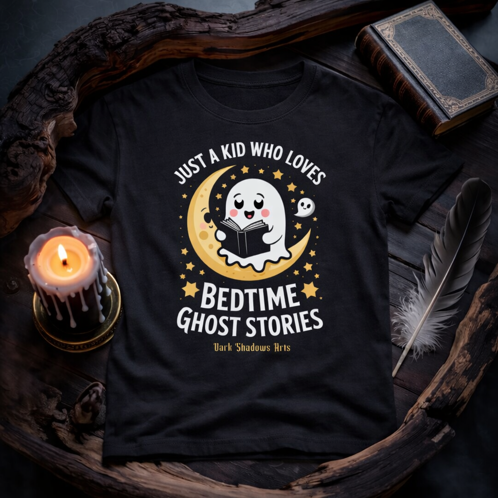 Dark Shadows Arts Kinder T-Shirt „Just a Kid Who Loves Bedtime Ghost Stories“ mit süßem Geist auf schwarzem Shirt im düsteren Holz-Mockup mit Kerze, Feder und altem Buch