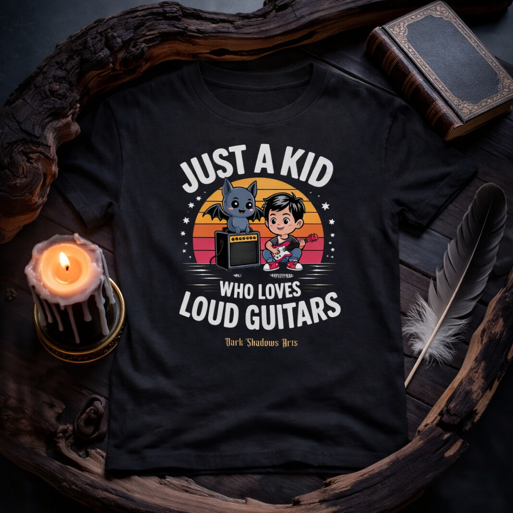 Dark Shadows Arts Kinder T-Shirt „Just a Kid Who Loves Loud Guitars“ mit Rocker Junge, E-Gitarre und Fledermaus im düsteren Holz-Mockup mit Kerze, Feder und altem Buch