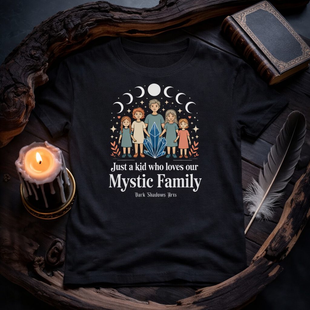 Dark Shadows Arts Kinder T-Shirt „Just a Kid Who Loves Our Mystic Family“ mit Kristall, Mondphasen und mystischer Familie im dunklen Holz-Mockup mit Kerze, Feder und altem Buch