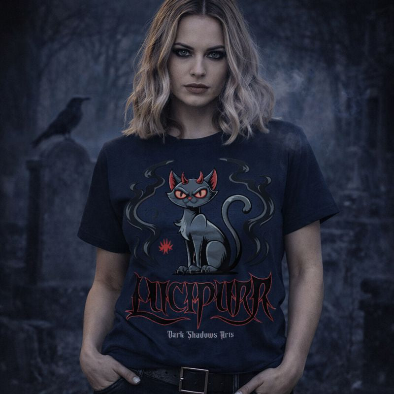 Dark Shadows Arts Premium Gothic T-Shirt „Purr of Damnation – Lucipurr“ getragen von weiblichem Model, düstere Gothic-Atmosphäre mit okkulter Katze und roten Augen