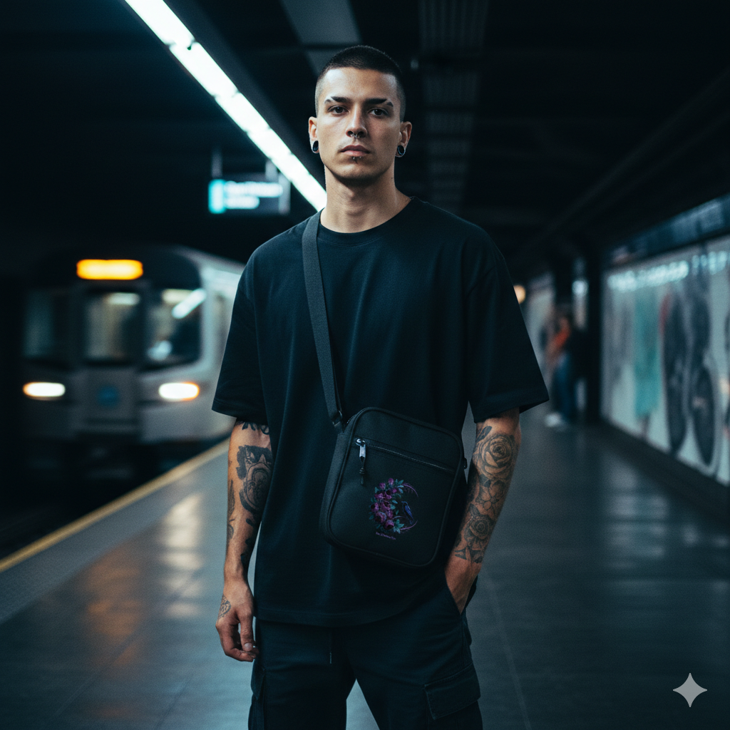 Mann trägt eine schwarze Umhängetasche mit Raben- und Rosen-Motiv in einer modernen U-Bahn-Station.