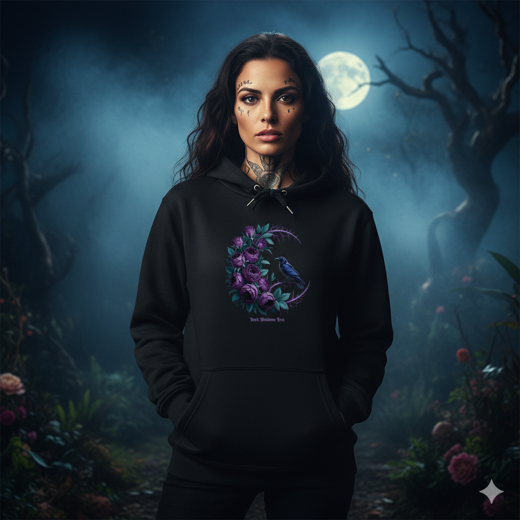 Frau in schwarzem Gothic-Hoodie mit Raben- und Rosen-Motiv lehnt nachts an einer Backsteinmauer
