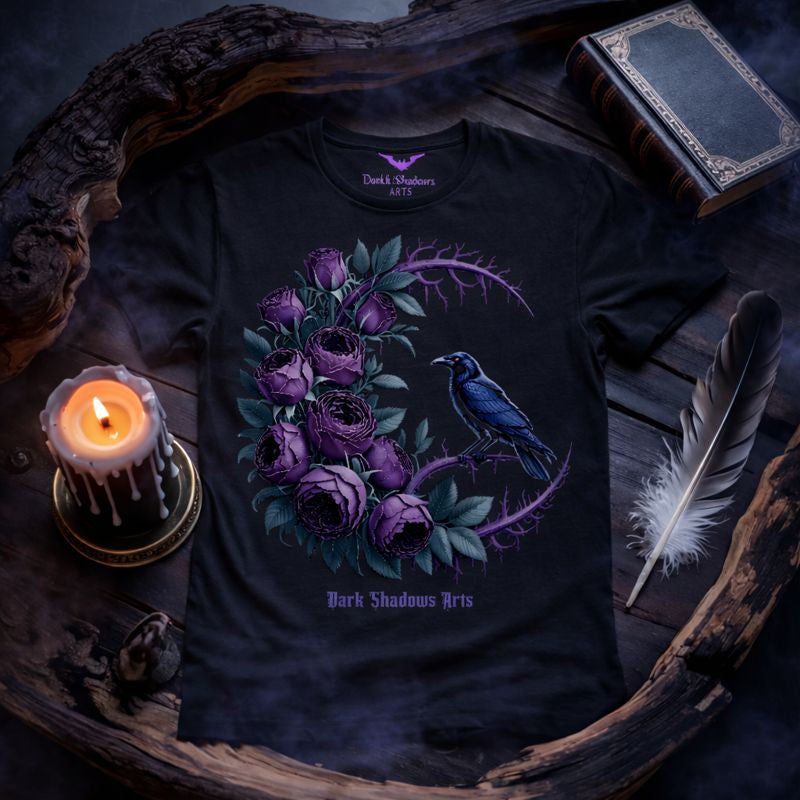 MOONLIT MOURNING – Gothic Premium T-Shirt mit Rabe & Floralem Dornenkreis
